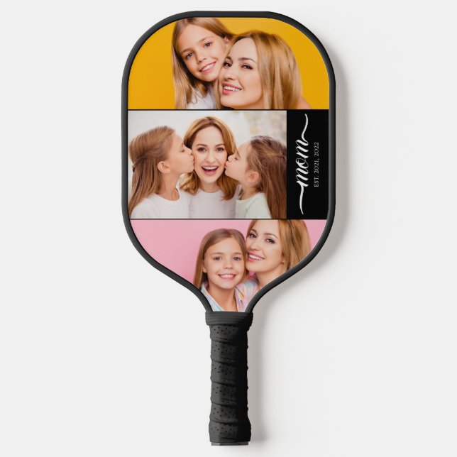 Custom Dual Mom Est. Years Script Black White Pickleball Paddle (Front)