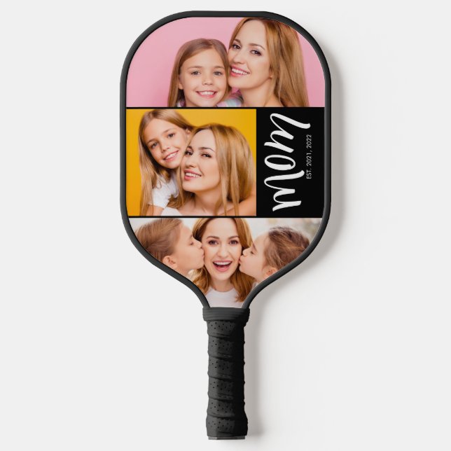 Custom Dual Mom Est. Years Script Black White Pickleball Paddle (Front)