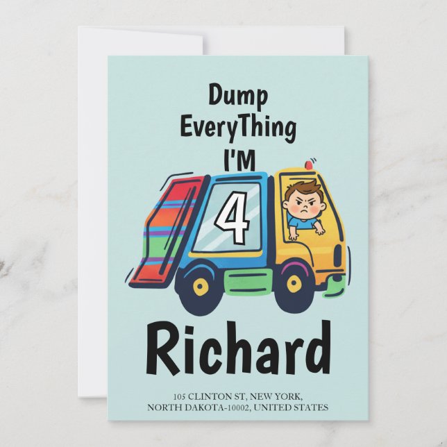 Custom Dump Everything! I'm 4 Garbage Truck Birth Invitation (Front)