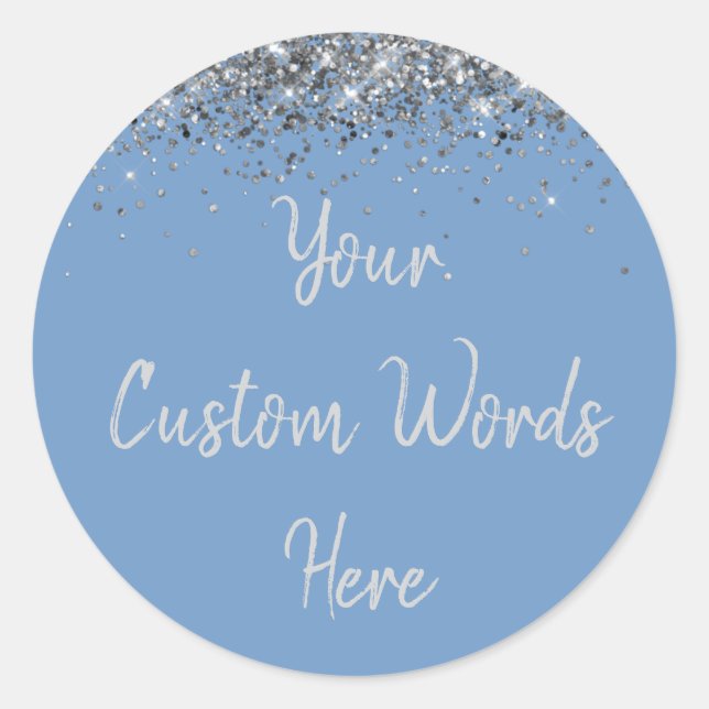 Custom Dusty Blue and Silver Birthday Party Favour Classic Round Sticker (Front)