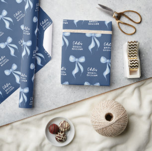 Custom Dusty Blue Watercolor Bow Bridal Shower Wrapping Paper