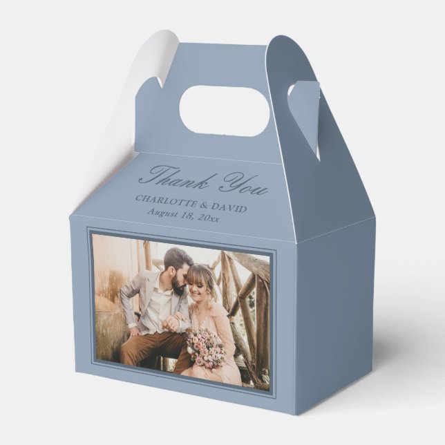 Custom Dusty Blue Wedding Photo Thank You Favor Box (Front Side)