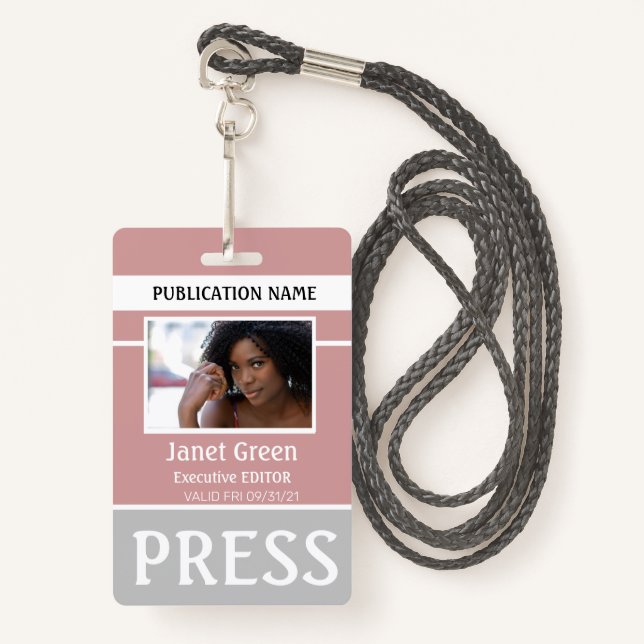 Custom Dusty Pink Photo ID Reporter Press Pass ID Badge (Front with Lanyard)