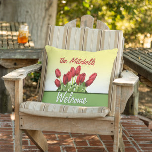 Custom Dutch Red Tulips Welcome Retro Script Outdoor Pillow