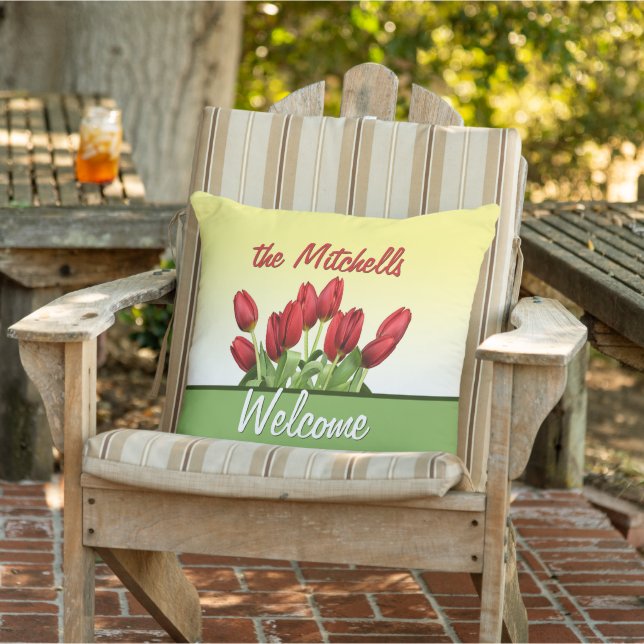 Custom Dutch Red Tulips Welcome Retro Script Outdoor Pillow (Chair)