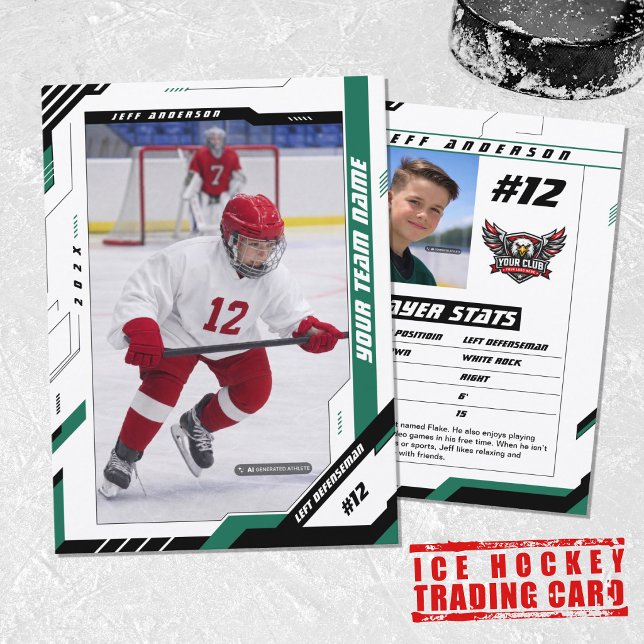 Custom Dynamic Green Ice Hockey Player Card (Celebrate your hockey journey with a bold green and white personalized trading card.)
