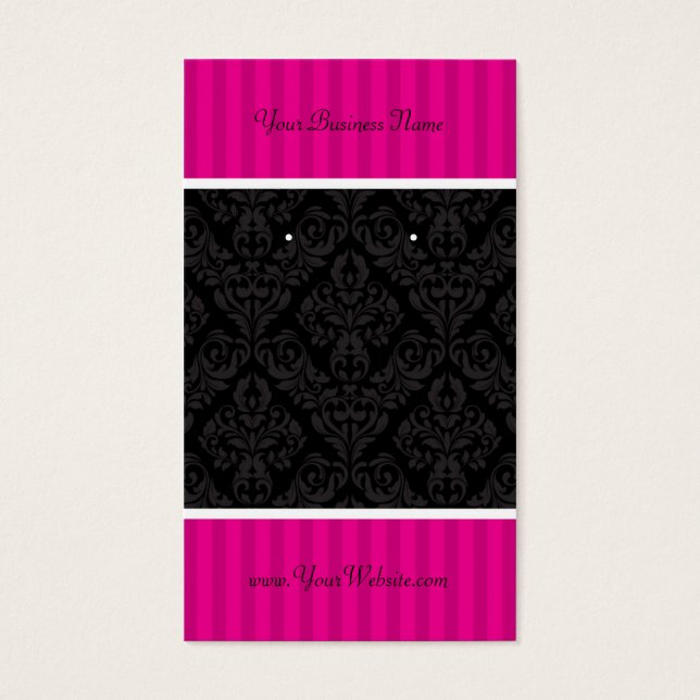 Custom Earring Cards Hot Pink Black Damask Stripes (Front)