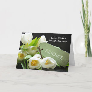 Custom Easter, White Tulips and Cross, Add Text Holiday Card