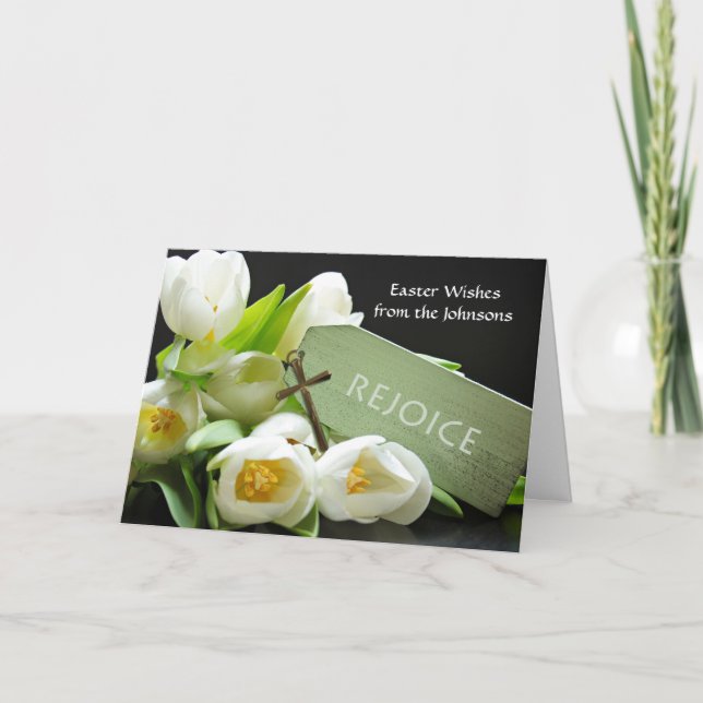 Custom Easter, White Tulips and Cross, Add Text Holiday Card (Front)