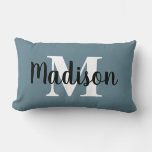 Custom Editable Colour Monogram Name Blue White Lumbar Pillow