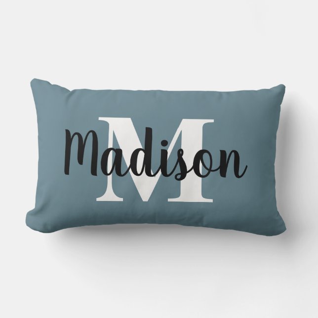 Custom Editable Colour Monogram Name Blue White Lumbar Pillow (Front)