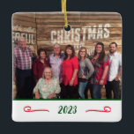 Custom Elegant 2 Photo 2-Sided Family Photo Ceramic Ornament<br><div class="desc">Create your own custom elegant and simple Christmas ornament with your own family photo and the year placed upon a white banner with elegant red swirls and the year in green typography. Start a new tradition to create your family's own personal ornament each Christmas. A wonderful gift to give to...</div>