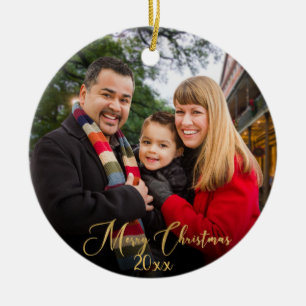 Custom Elegant 2-Side Gold Family Photo Christmas Ceramic Ornament