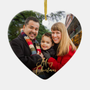 Custom Elegant 2-Side Gold Family Photo Christmas Ceramic Ornament