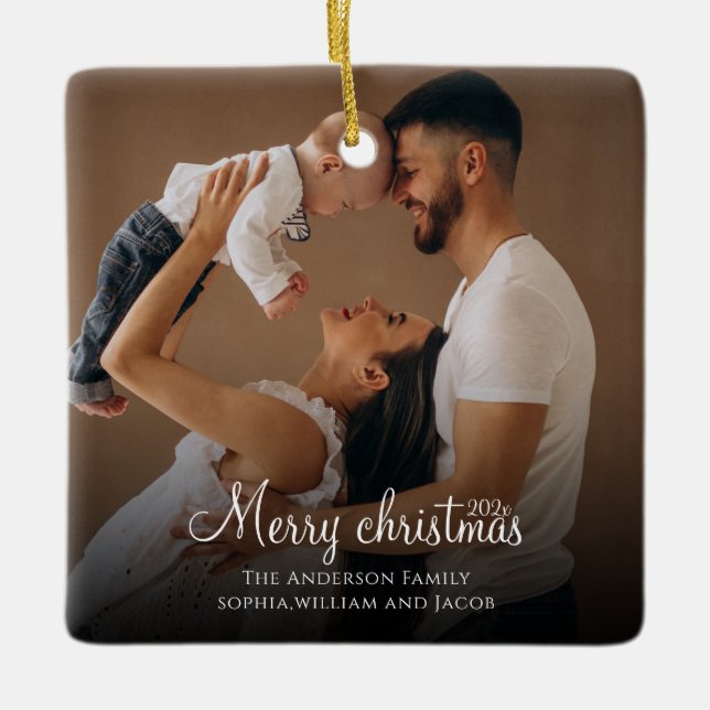 Custom Elegant  2-Sided Family Photo Christmas Cer Ceramic Ornament (Front)