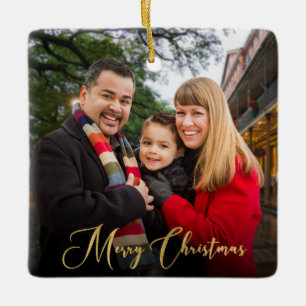 Custom Elegant 2-Sided Family Photo Year Ceramic Ornament