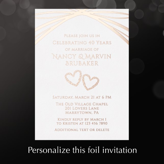 Custom Elegant Arch 40th Wedding Anniversary Party (Personalize this unique elegant rose foil anniversary invitation. Arch and heart design.
)