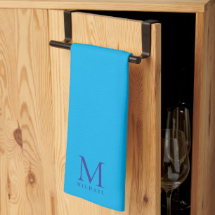 Custom Elegant Azure Blue Monogram Simple Template Kitchen Towel