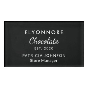 Custom Elegant B&W Minimal Chocolate Brand Staff Name Tag