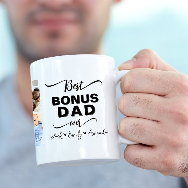 Custom Elegant Best bonus dad ever Photo collage Two-Tone Coffee Mug (Creator Uploaded)
