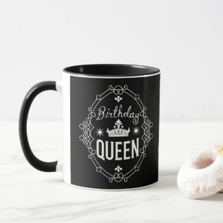 Custom Elegant Birthday Queen Typography Black Mug