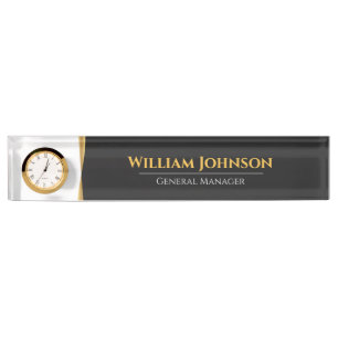 Custom Elegant Black and Gold Desk Clock Nameplate