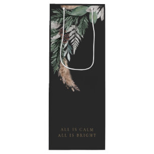 Custom Elegant Black Merry Christmas Wreath Wine Gift Bag