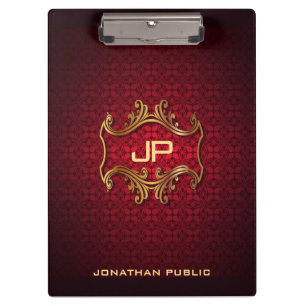 Custom Elegant Black Red Damask Monogram Classic Clipboard