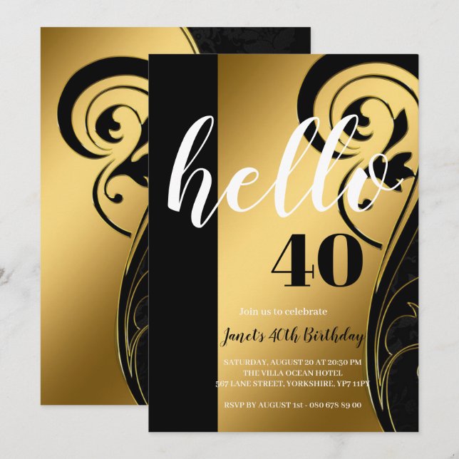 Custom Elegant Black White & Gold Hello 40 Party  Invitation (Front/Back)