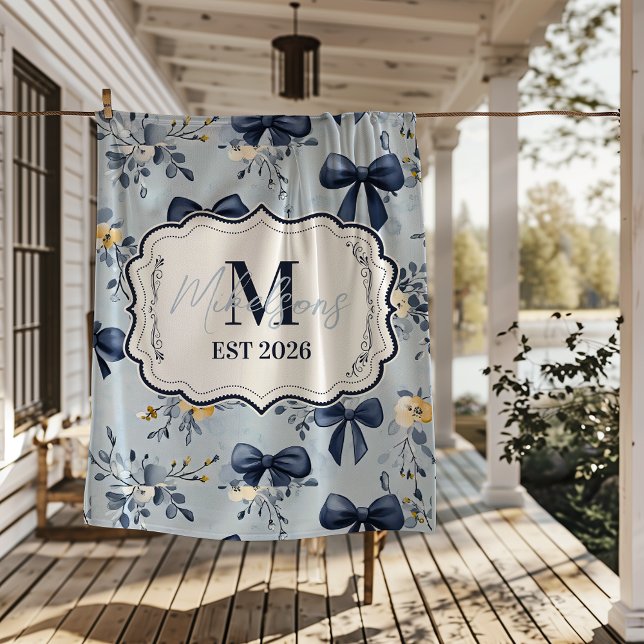 Custom Elegant Blue Bow Floral Monogram Fleece Blanket (Creator Uploaded)