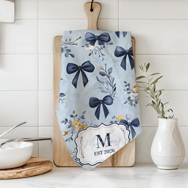 Custom Elegant Blue Bow Floral Monogram Kitchen Towel (Creator Uploaded)