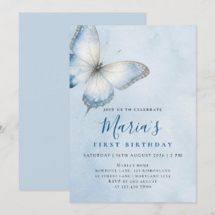 Custom Elegant Blue Butterfly Watercolor Birthday Invitation
