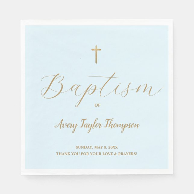 Custom Elegant Blue gold Cross Baptism Script  Napkin (Front)
