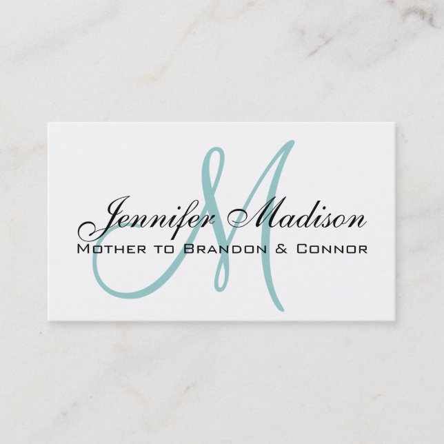 Custom Elegant Blue Monogram Mommy Calling Card (Front)