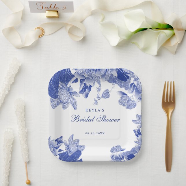 Custom Elegant Blue White Floral Chinoiserie Paper Plate (Wedding)