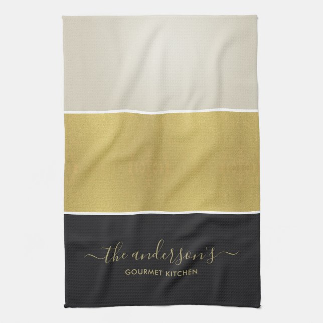 CUSTOM ELEGANT BOLD FAUX GOLD SILVER BLACK STRIPS KITCHEN TOWEL (Vertical)