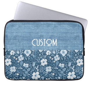 Custom Elegant Botanical Blue Faux Denim Look  Laptop Sleeve