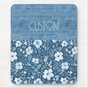 Custom Elegant Botanical Blue Faux Denim Look  Mouse Pad
