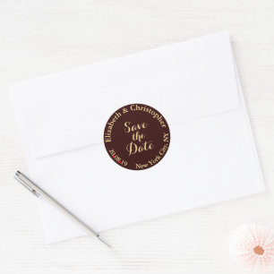 Custom Elegant Brown Gold Wedding Save the Date Classic Round Sticker