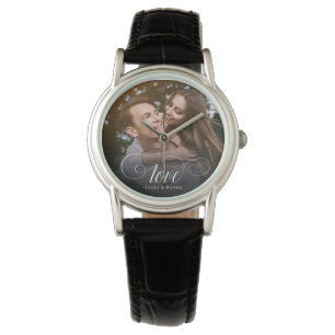 Custom Elegant Calligraphy Couple Wedding Photo Watch