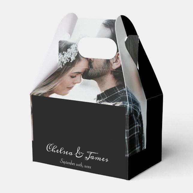 Custom Elegant Calligraphy Photo Wedding Black  Favor Box (Front Side)
