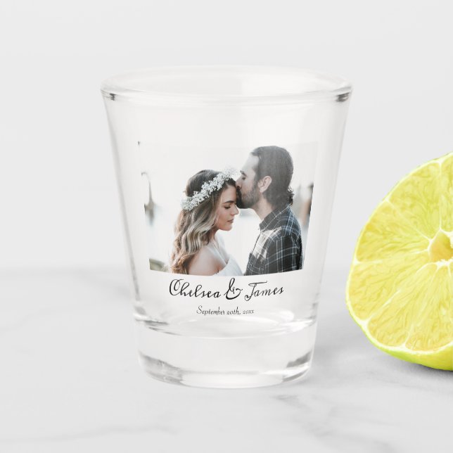 Custom Elegant Calligraphy Photo Wedding Party  Shot Glass (Front)
