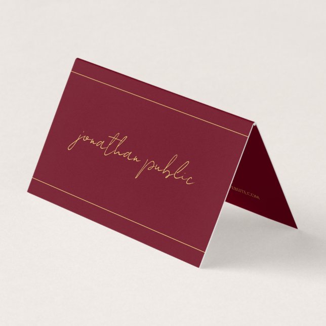 Custom Elegant Calligraphy Red & Gold Folded Business Card (Front)