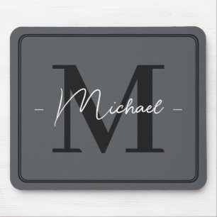 Custom Elegant Charcoal Grey Initial Office Name Mouse Pad