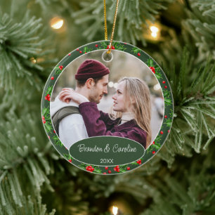 Custom Elegant Classic Couple Photo 1st Christmas Ceramic Ornament