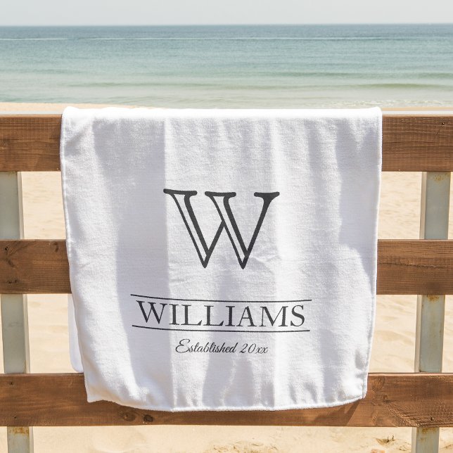 Custom Elegant Classiy Monogram Family Name Beach Towel (Celebrate your family with this elegant beach towel that has your monogram and name.)