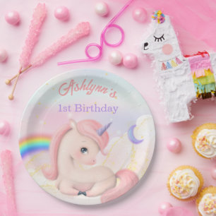 Custom Elegant Cute Pink Watercolor Unicorn round Paper Plate