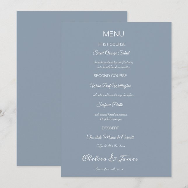 Custom Elegant Dusty Blue Calligraphy Wedding  Menu (Front/Back)