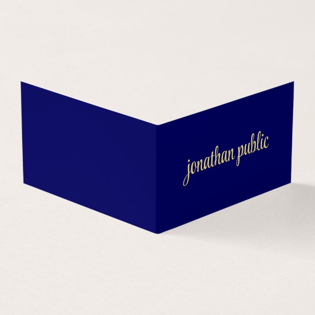 Custom Elegant Faux Gold Script Text Navy Folded Business Card (Outside)