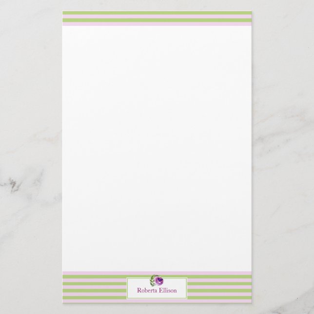 Custom Elegant Floral Pastel Horizontal Stripes Stationery (Front)